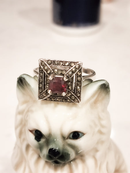 Deco Style Square Garnet and Marcasite 925 Silver RING